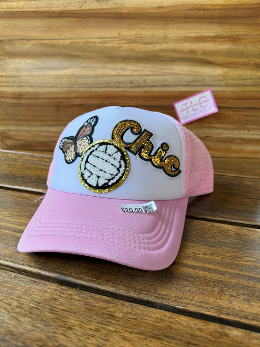 Pink Trucker Hat – Volleyball Chic with Butterfly Patch Design