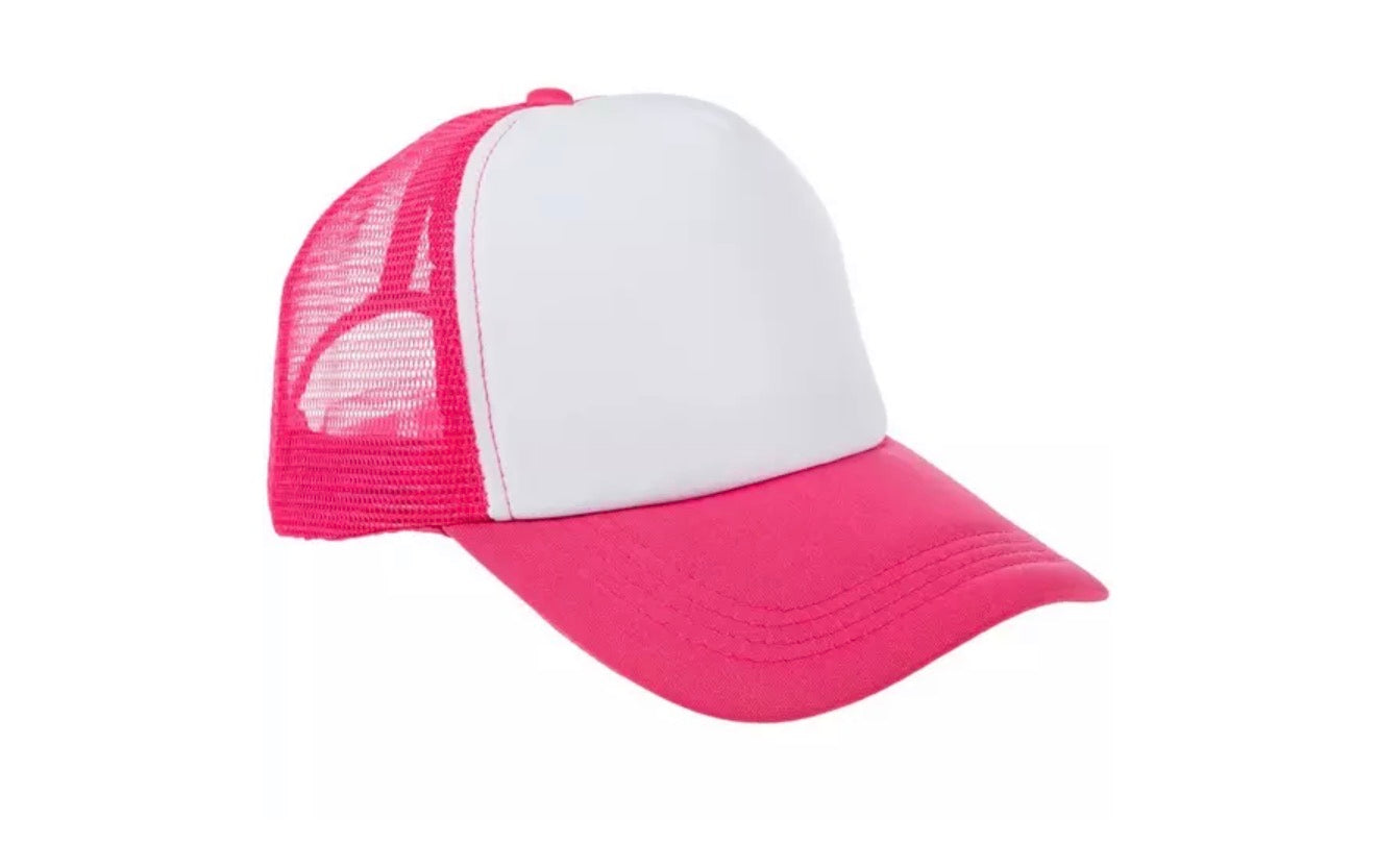 Pink and white cap with mesh back on a white background