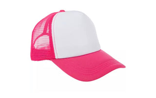 Pink and white cap with mesh back on a white background