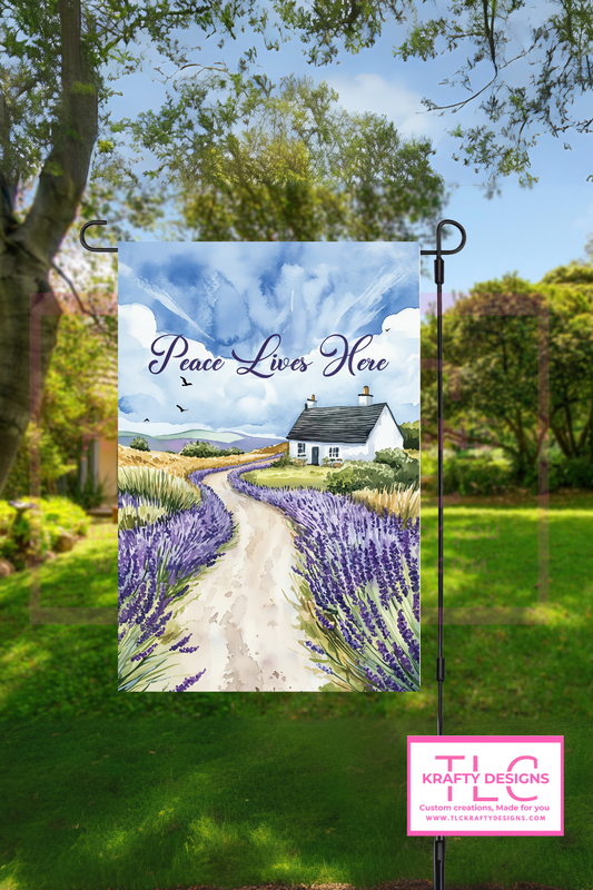 Peace Lives Here Garden Flag – Tranquil Lavender Pathway Country Decor