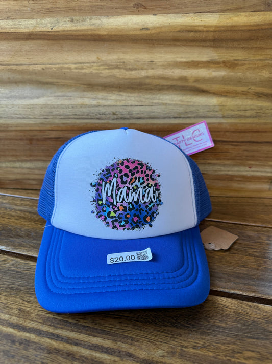 Royal Blue “Mama” Trucker Hat with Colorful Leopard Print