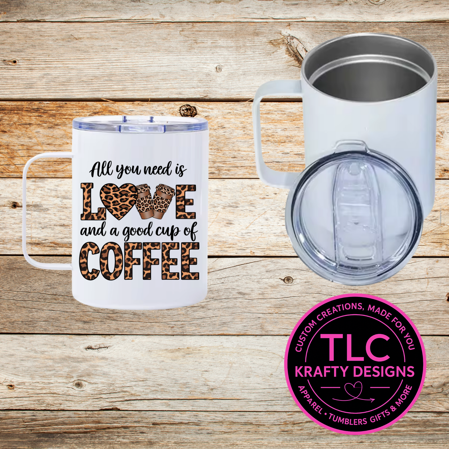 Love and Coffee Mug – 12oz Travel Mug with Lid, Leopard Print Coffee Cup