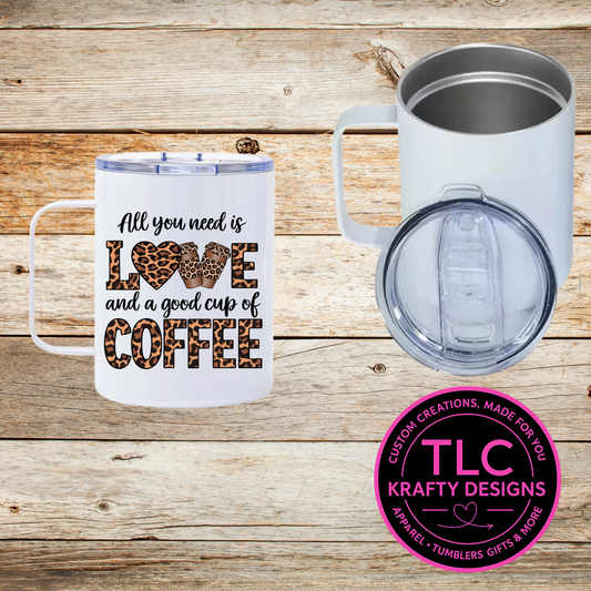 Love and Coffee Mug – 12oz Travel Mug with Lid, Leopard Print Coffee Cup