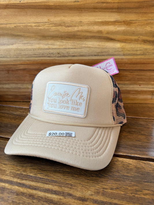Tan Trucker Hat – “Excuse Me, You Look Like You Love Me” with Leopard Mesh Back