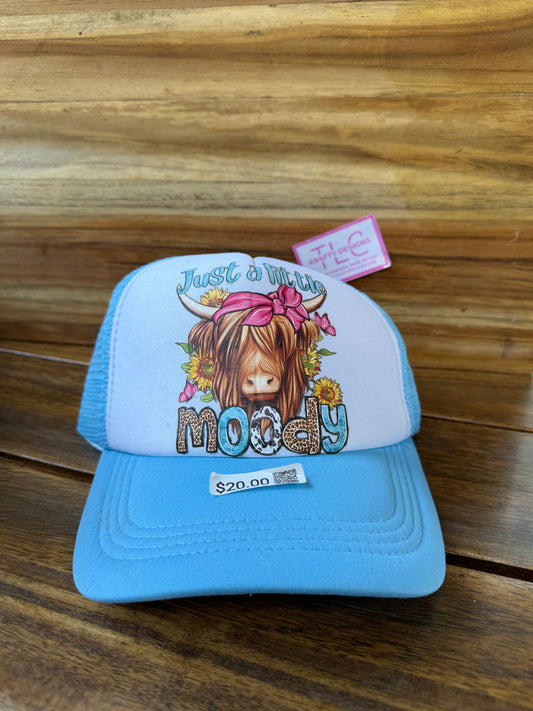 Just a Little Moody Trucker Hat – Highland Cow Floral Design on Light Blue Cap