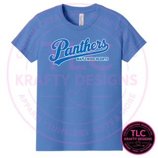 Maplewood Heights Panthers Script design on Bella + Canvas Jersey tee in Columbia Blue