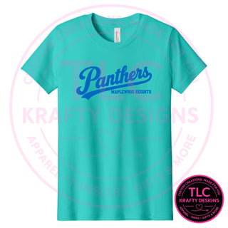 Maplewood Heights Panthers Script design on Bella + Canvas Jersey tee in Teal