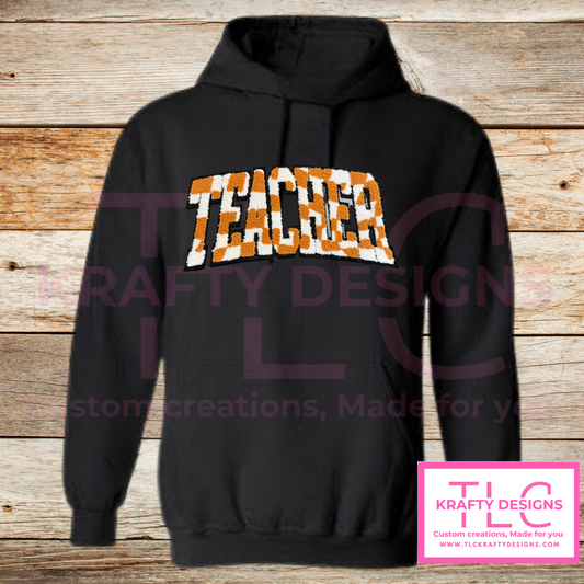 TEACHER Hoodie – Black Hoodie with Orange and White Camo Chenille Patch