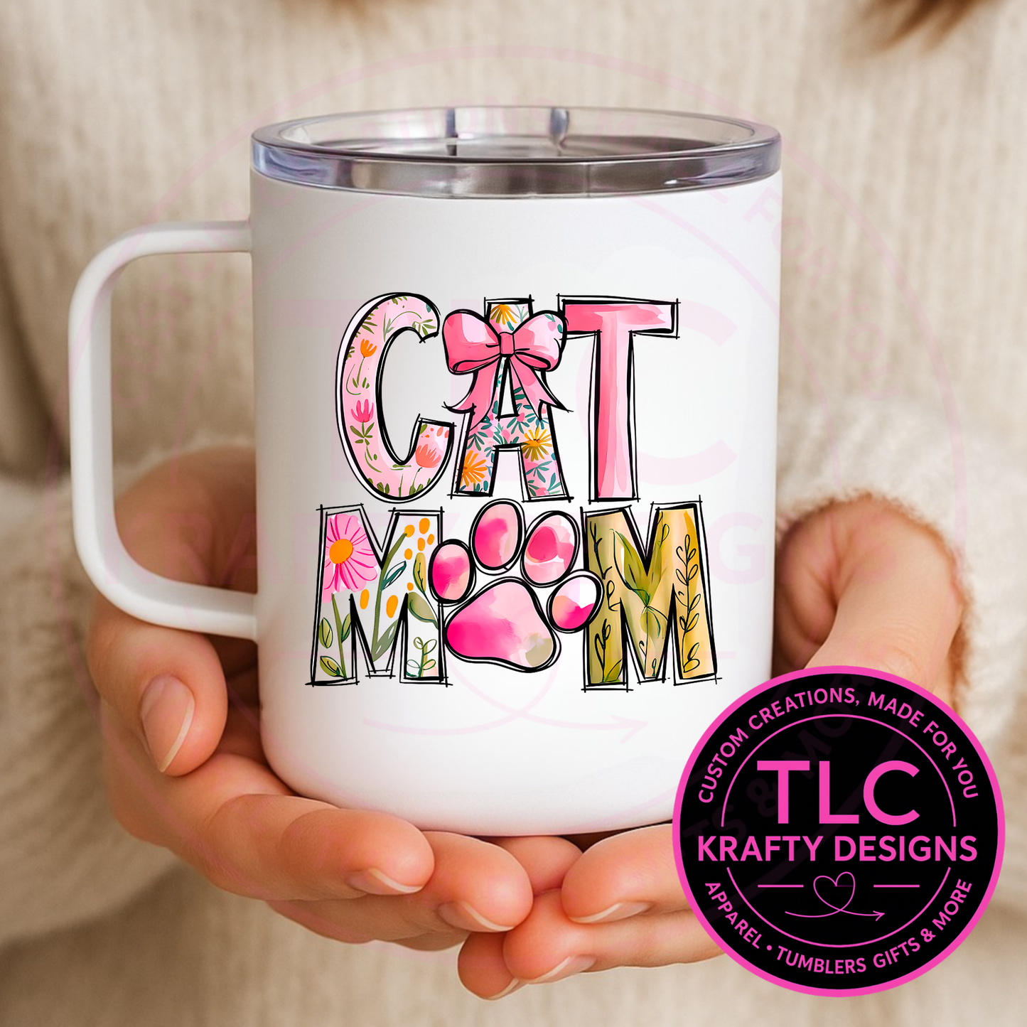Cat Mom Mug – 12oz Travel Mug with Lid, Floral Paw Print Coffee Cup