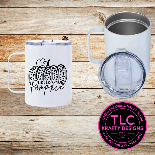 Hello Pumpkin Mug – 12oz Travel Mug with Lid, Fall Pumpkin Coffee Cup