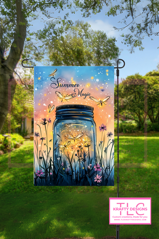 Summer Magic Garden Flag – Fireflies in Mason Jar at Dusk Outdoor Banner