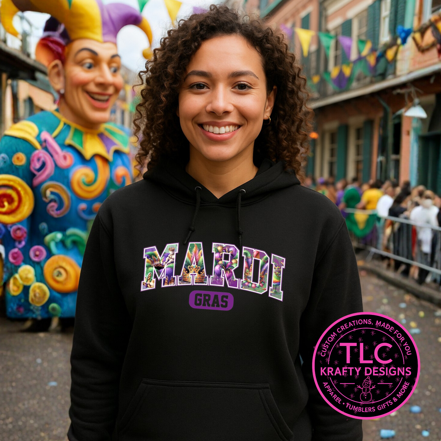 Mardi Gras Graphic apparel– Bold Mardi Gras Lettering Printed Design