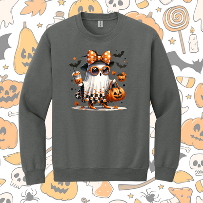 Girly Halloween Ghost Sweatshirt – Cute Fall Ghost with Coffee, Bats, and Pumpkins | Spooky Season Sweatshirt