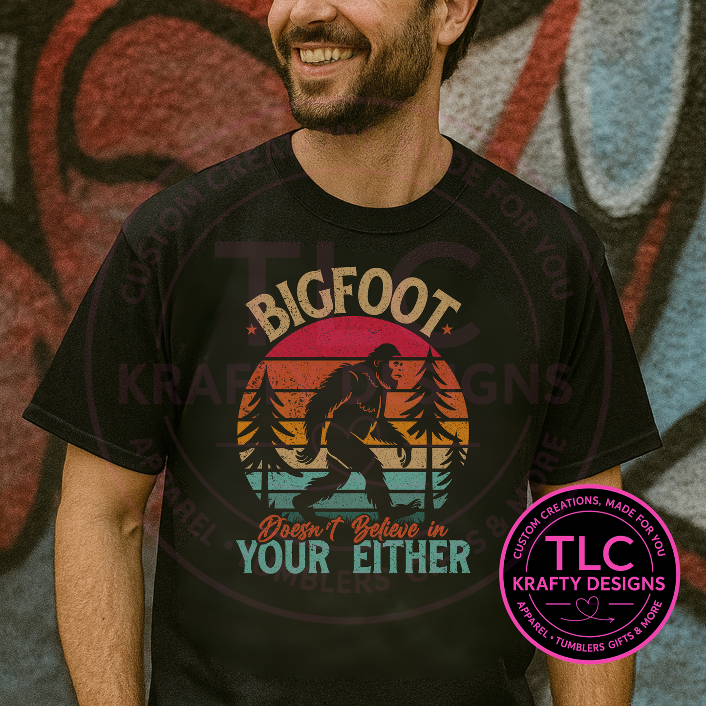 Bigfoot Doesn’t Believe in You Either Shirt – Funny Sasquatch Retro Sunset Tee