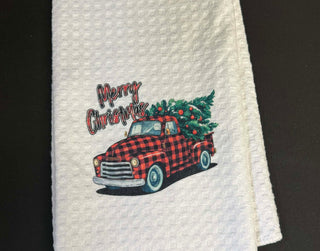 LAST CHANCE Merry Christmas with Buffalo Plaid Truck – Festive Holiday Kitchen Towel