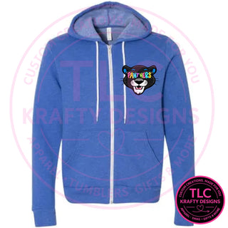 Maplewood Heights Panthers Sunglasses design on BELLA+CANVAS sponge fleece full-zip hoodie in Heather True Royal
