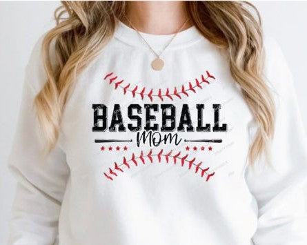 Stylish Crew Neck proudly declaring "Baseball Mom," adorned with charming baseball imprints.