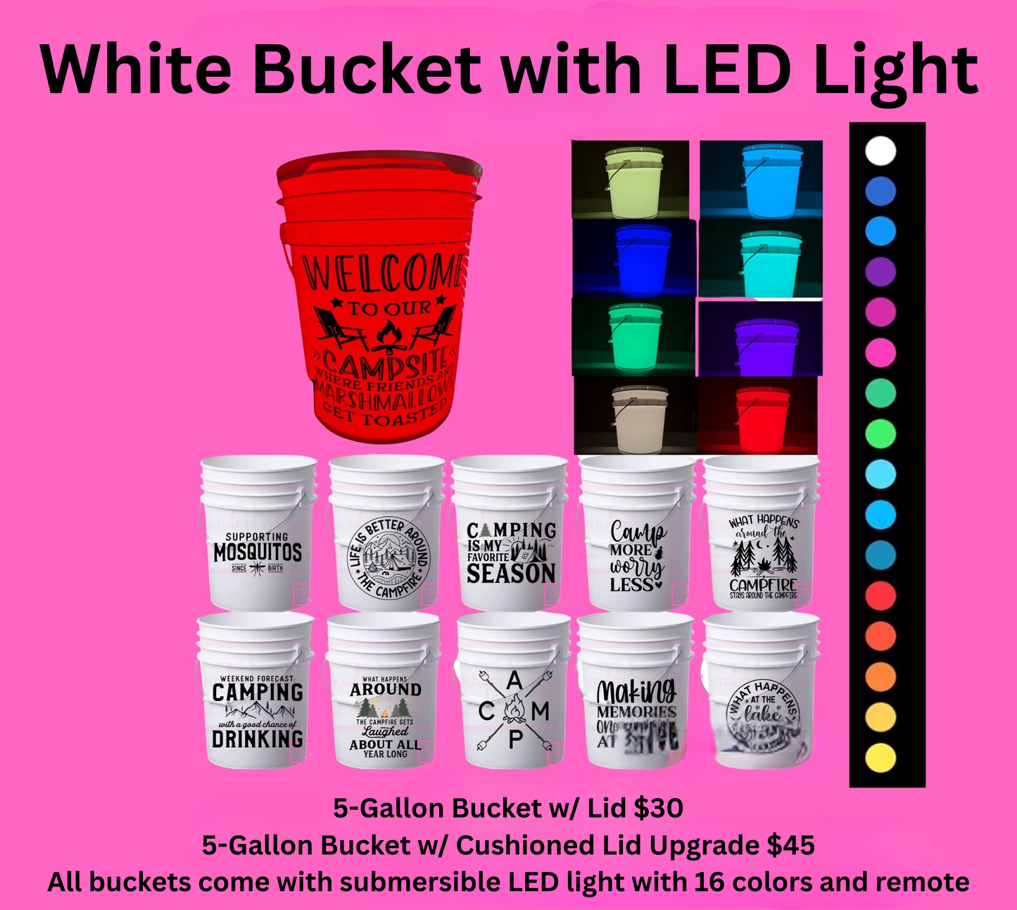 Camping Life White LED Bucket with Lid | Custom UVT Design + Seat Lid Upgrade