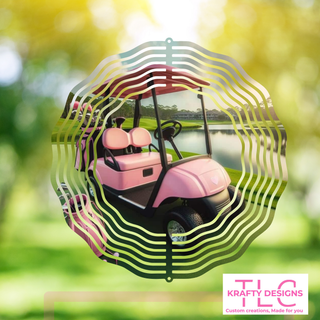 Pink Golf Cart 10” Wind Spinner – Fun Sublimated Metal Garden Art for Golf Lovers