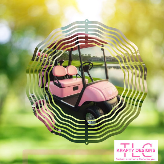 Pink Golf Cart 10” Wind Spinner – Fun Sublimated Metal Garden Art for Golf Lovers