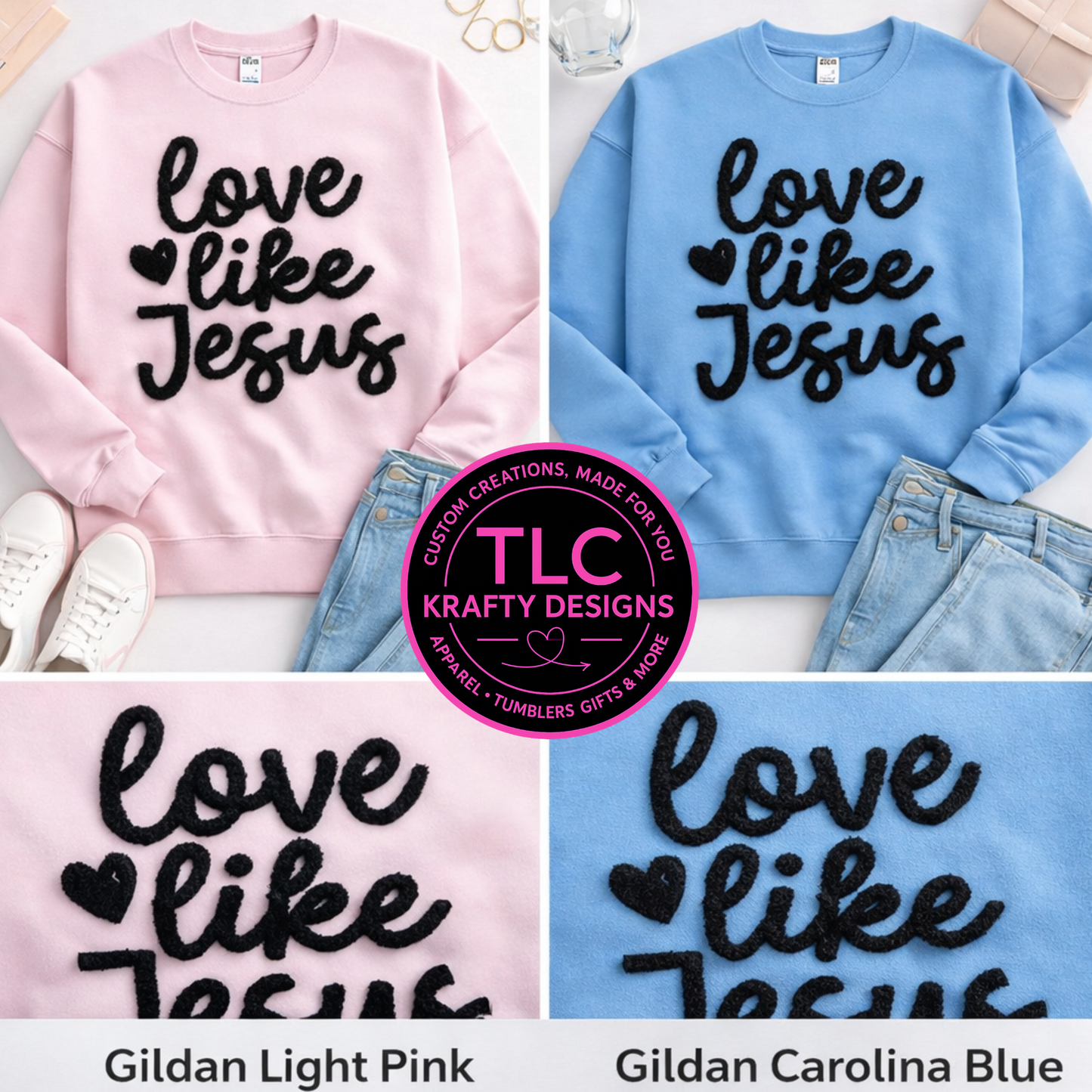 XL Love Like Jesus Black Fuzzy Chenille Patch - Heat Press/Iron-On Appliqué