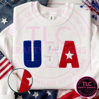 USA Fuzzy XL Patch, Patriotic Fluffy Patch, Red White Blue Iron On Patch, Varsity Style Patch for Sweatshirts Hoodies Jackets