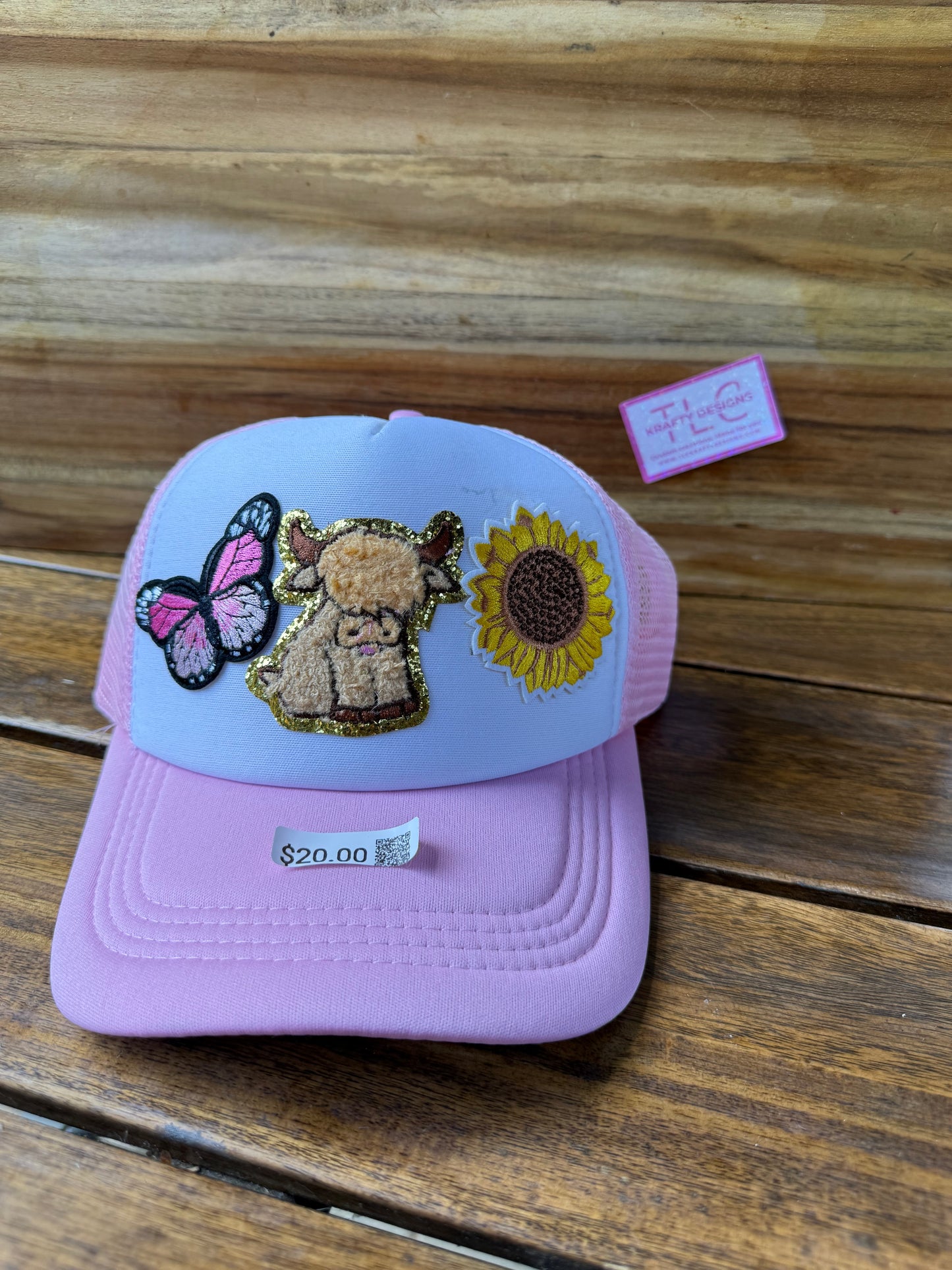 Butterfly Cow Sunflower Trucker Hat – Pink Mesh with Glitter Patch Trio