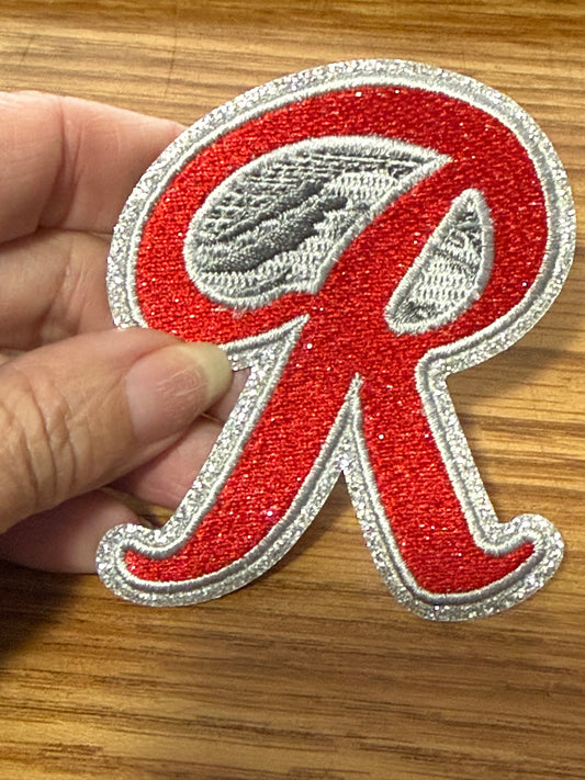Red & Silver Glitter “R” Rainer Chenille Patch