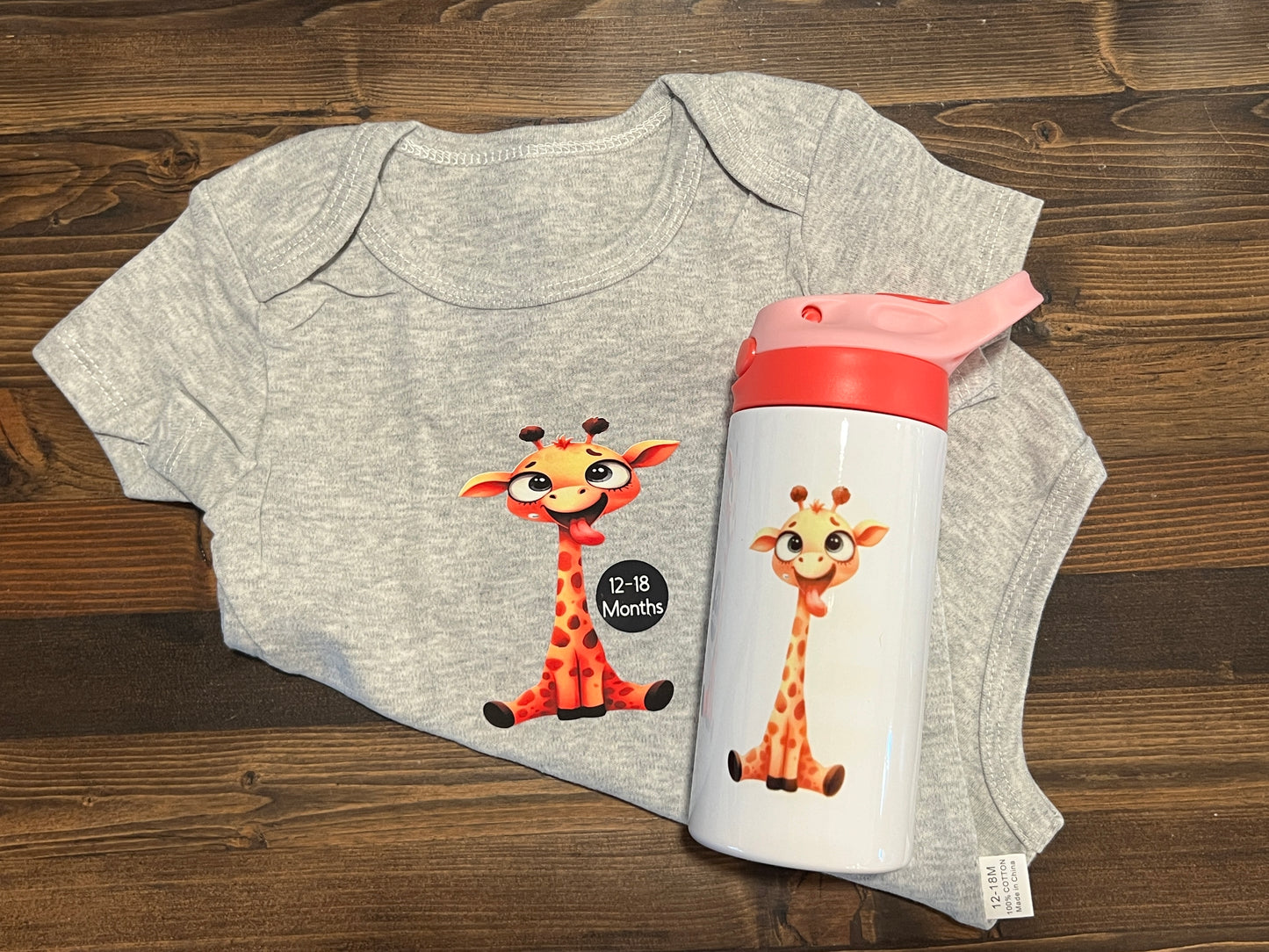 Adorable Giraffe 12-18 Month Onesie and Flip Top Tumbler Set