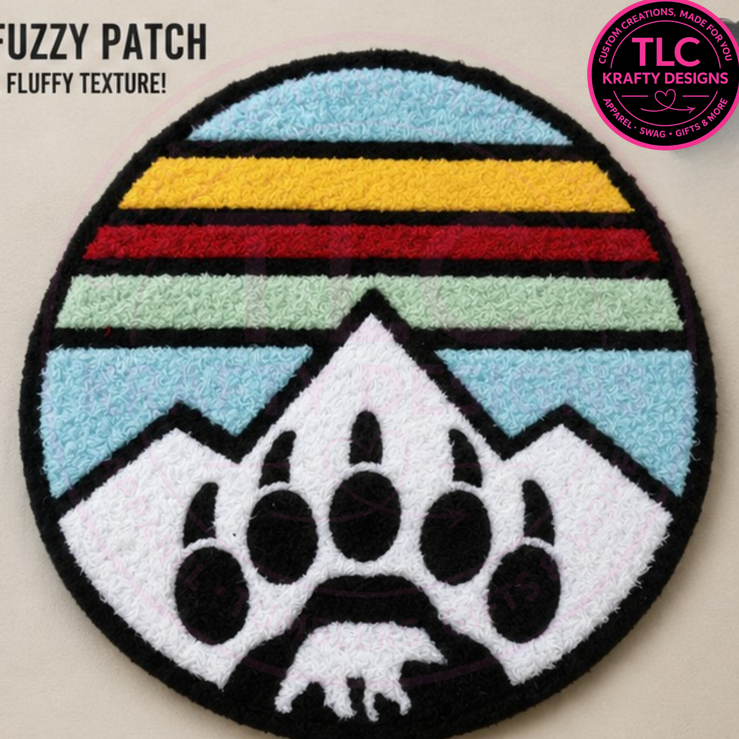 Mountain Paw Fuzzy XL Patch, Bear Paw Chenille Patch, Nature Iron On Patch for Hoodies Jackets Bags, Outdoorsy Retro Patch