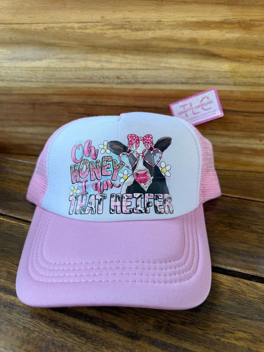 Pink Trucker Hat – “Oh Honey, I Am That Heifer” with Cow & Heart Glasses