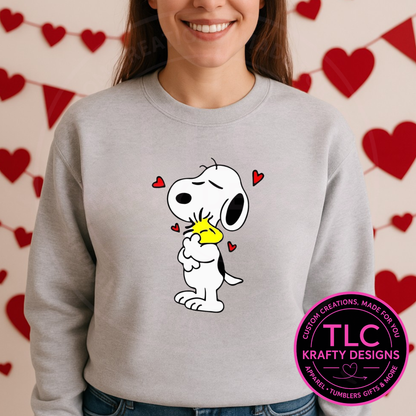 Cute Cartoon Dog Valentine Sweatshirt | Love Hug Graphic Crewneck | Cozy Valentine’s Day Shirt | Retro Cartoon Style Apparel