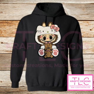 Cute Character Girl Hoodie – Black Hoodie with Chenille Patch Featuring Bear Hoodie and Bow halloween