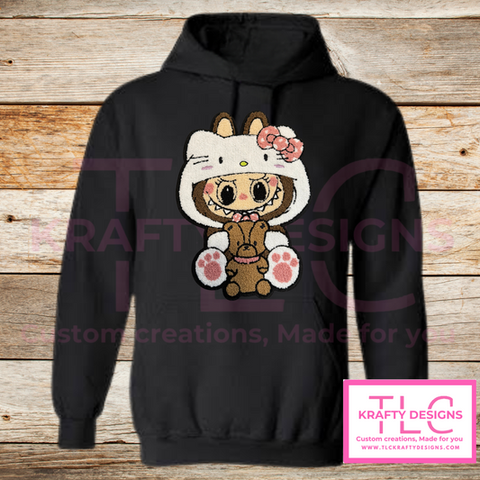Cute Character Girl Hoodie – Black Hoodie with Chenille Patch Featuring Bear Hoodie and Bow