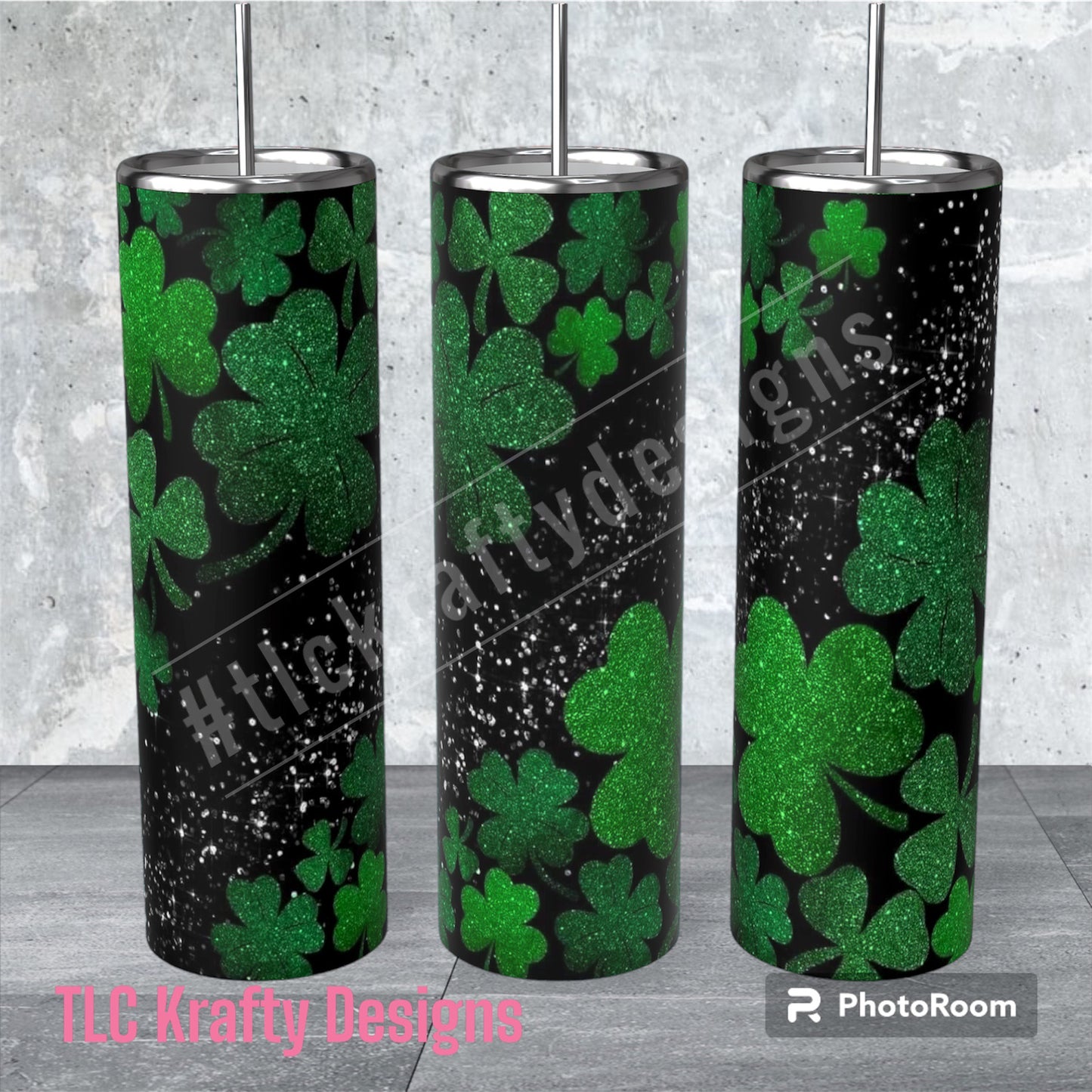 St. Patricks Day Shamrock shimmery black blackground 20oz. Sublimation Tumbler