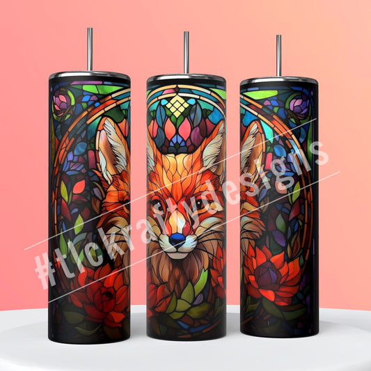 Enchanting 20oz. Skinny tumbler adorned with a stained-glass colored fox gracefully positioned in front of a bed of vibrant flowers