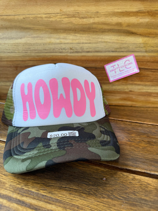 Howdy Trucker Hat – Pink Bubble Letters on Camo Brim Mesh Cap