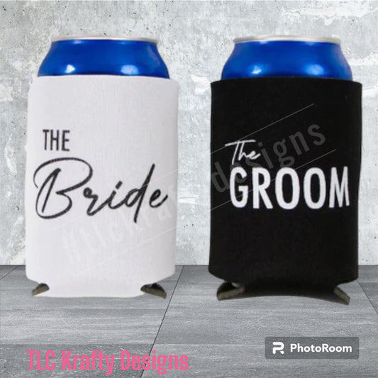 Personalized Slim Bride or Groom Koozie Can holder for Social events, gatherings, Weddings, bachelorette, bachelor and Birthday parties