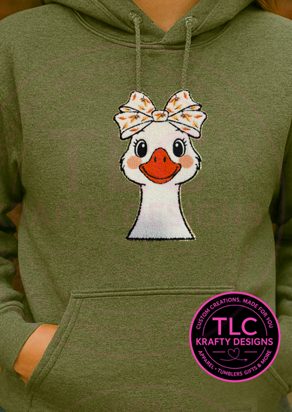 Fall Goose Hoodie – Sweatshirt with Chenille Goose Patch and Autumn Bow