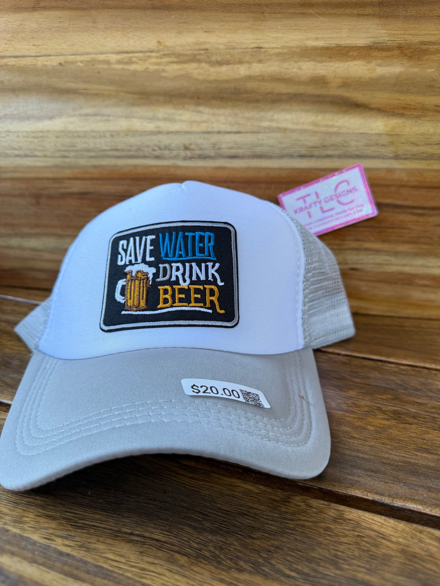 Gray Trucker Hat – “Save Water Drink Beer” Patch with Beer Mug Design
