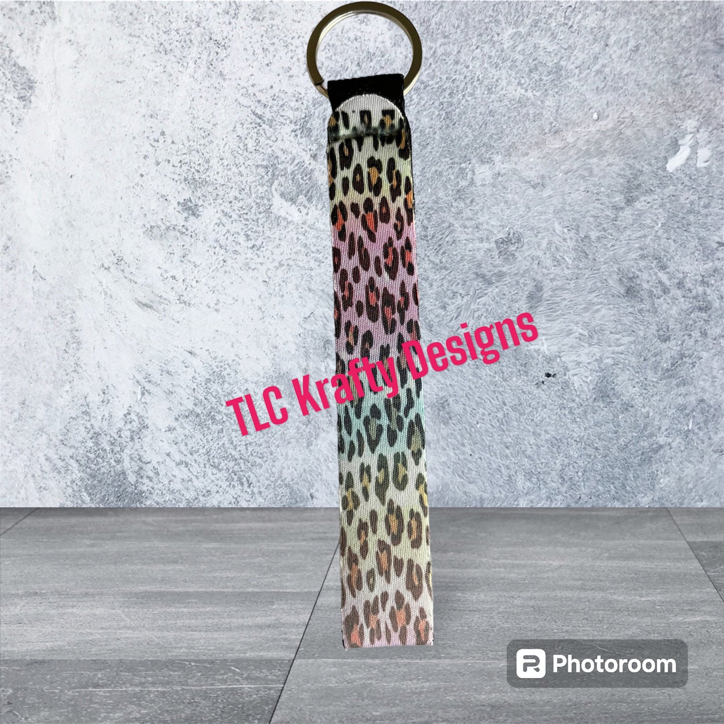 Pink, Blue and yellow Leopard Print Neoprene wrist lanyard keychain