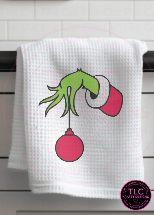 Grinch Hand with Ornament Towel – Fun Christmas Kitchen Décor 🎄✨