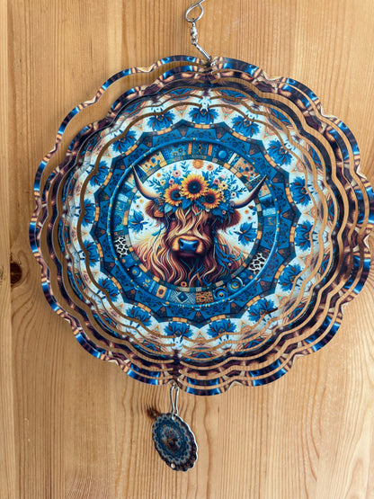 Blue Highland Cow Wind Spinner – 10” Metal Outdoor Garden Decoration