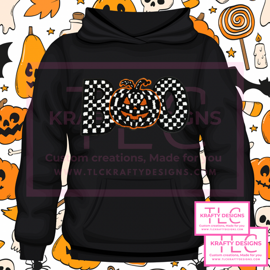 BOO Halloween Sweatshirt – Black Hoodie or Crewneck with Checkered Chenille Pumpkin Patch