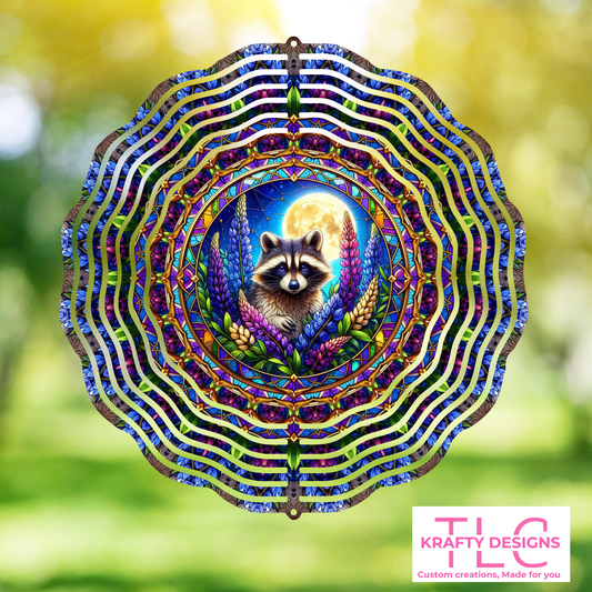 Raccoon & Wildflowers Wind Spinner – 10” Double-Sided Aluminum Nature Decor