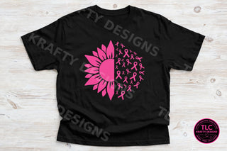 Pink sunflower breast cancer awareness ribbons tee on black