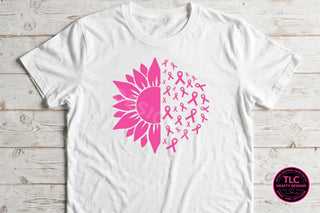 Pink sunflower breast cancer awareness ribbons tee on white