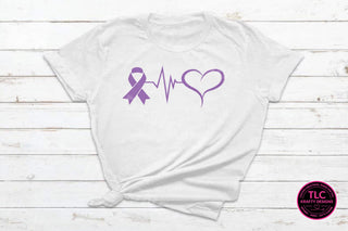 Purple ribbon heartbeat awareness tee on white