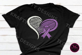 Purple ribbon sketch heart awareness tee on black
