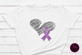 Purple ribbon sketch heart awareness tee on white